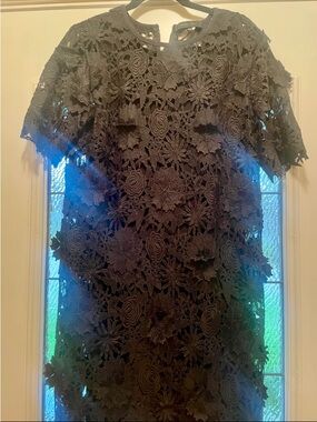 Black Floral Crochet Mini Dress with 3D Appliqué